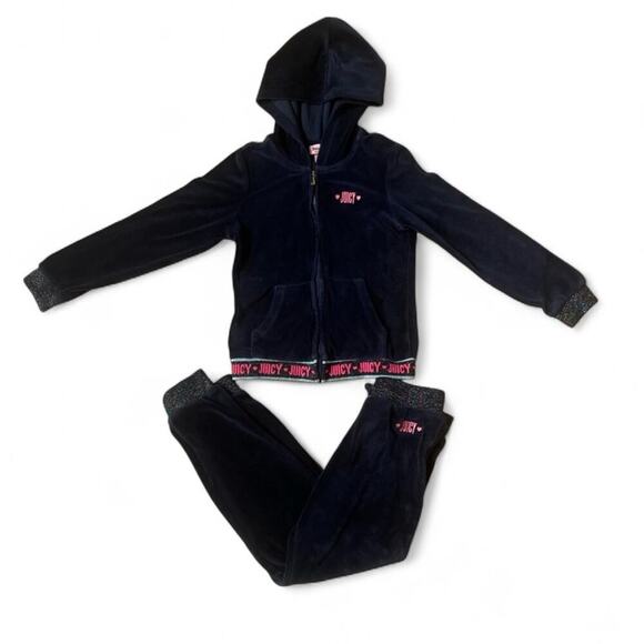 Y2K Juicy Couture Tracksuit Girls S 7 Navy Blue Plush Velour Jacket & Pants - Picture 1 of 9